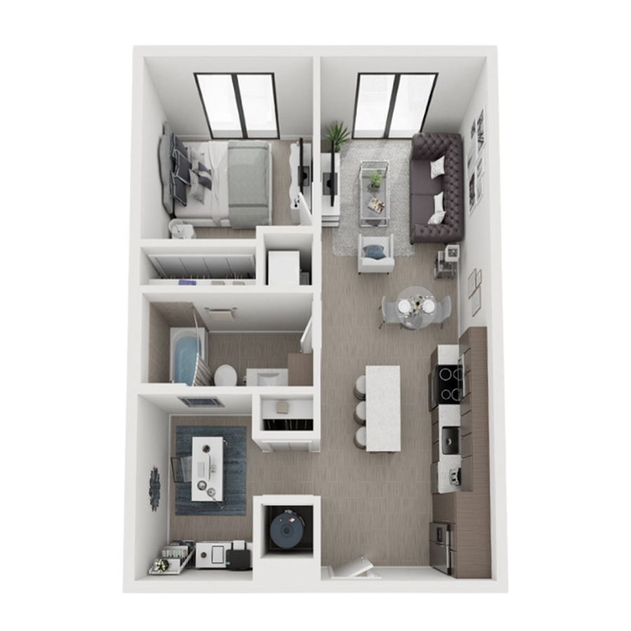 Rendering of the A13D floor plan with 1 bedroom[s] and 1 bathroom[s] at Arte Grand Central