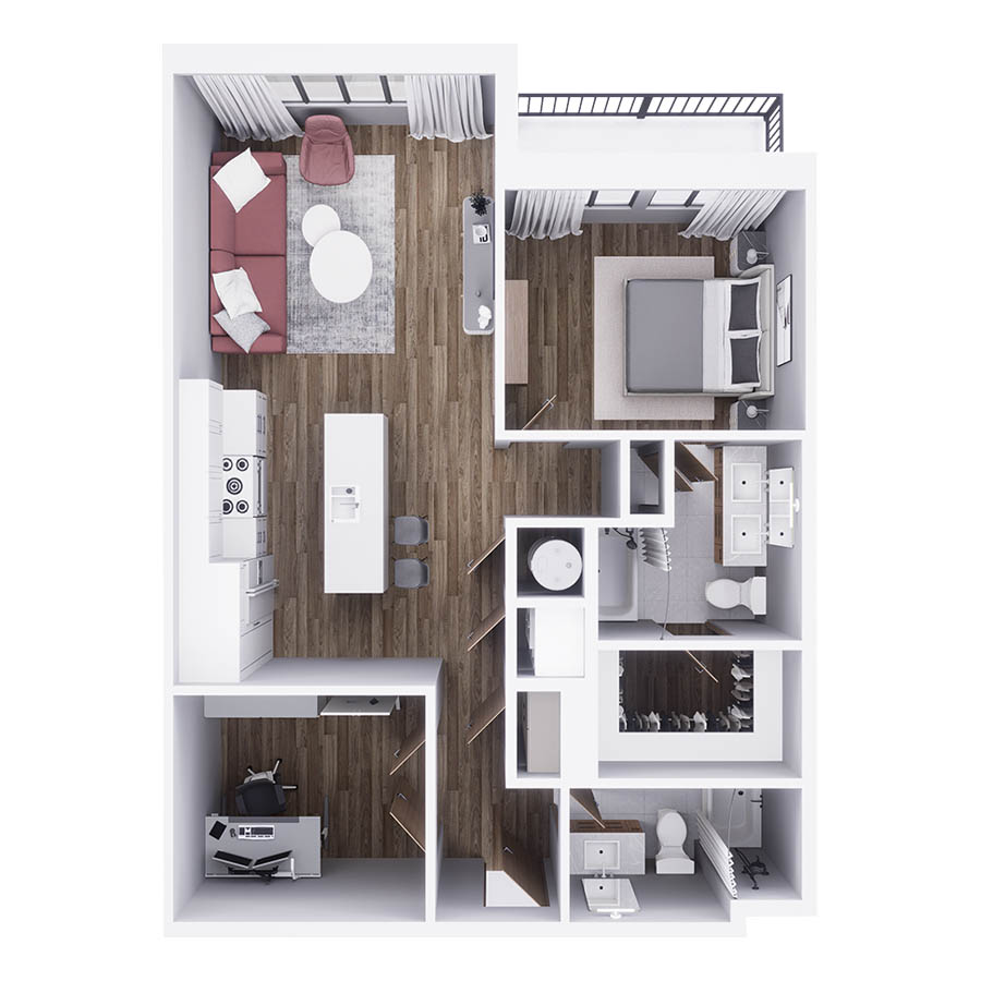 Rendering of the A7 | 1-BD with Den floor plan with 1 bedroom[s] and 2 bathroom[s] at 29x