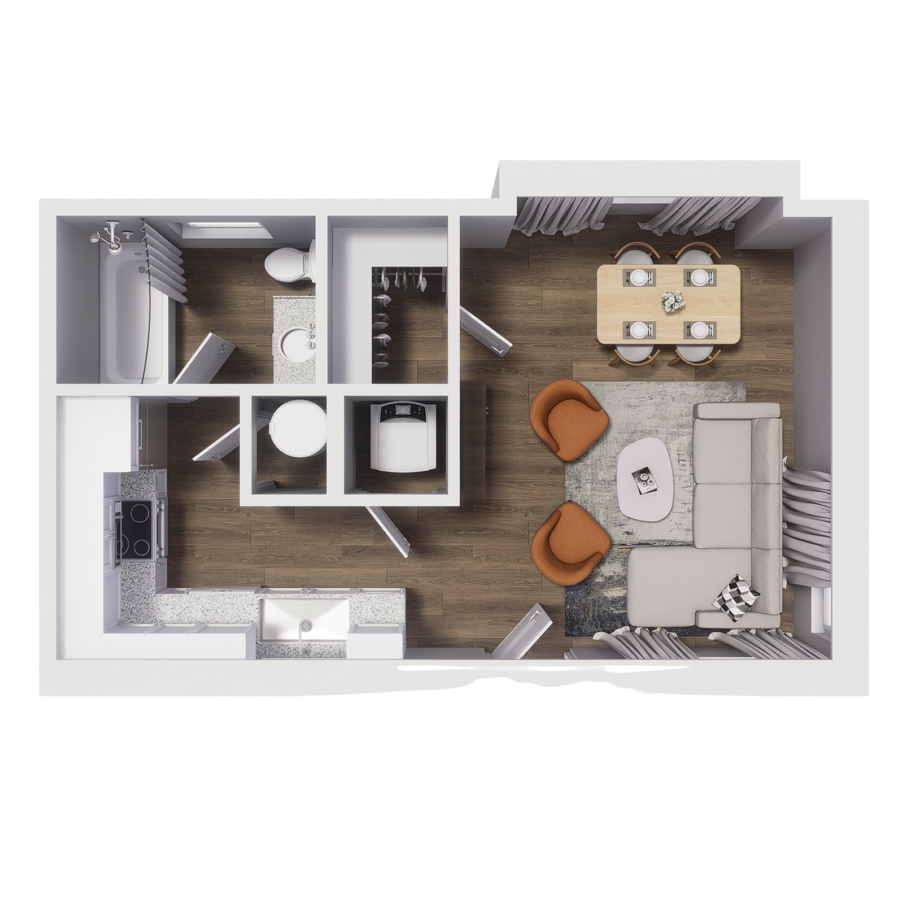Rendering of the S2 floor plan with a Studio bedroom and 1 bathroom[s] at Cottages at Abbott Station