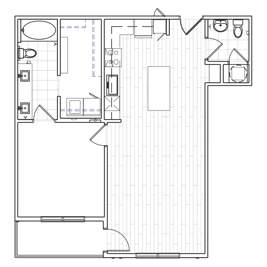 Rendering of the A7 floor plan with 1 bedroom[s] and 1.5 bathroom[s] at The Locale