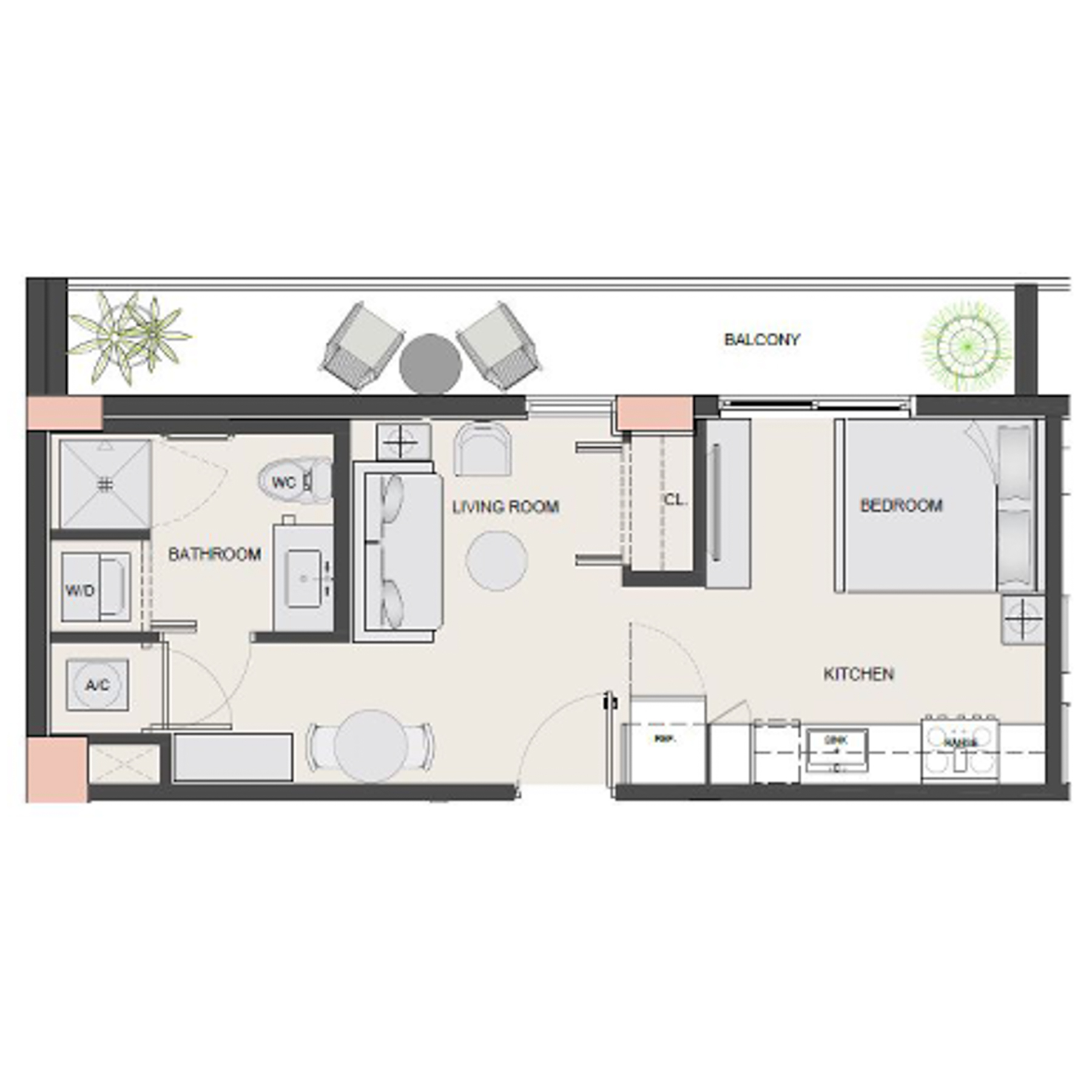 Rendering of the S10 floor plan with a Studio bedroom and 1 bathroom[s] at Arte Grand Central