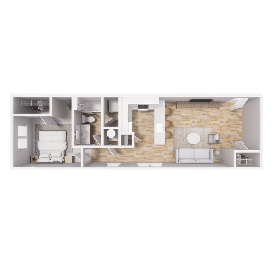 Rendering of the A2 floor plan with 1 bedroom[s] and 1 bathroom[s] at Cottages at Jetwing