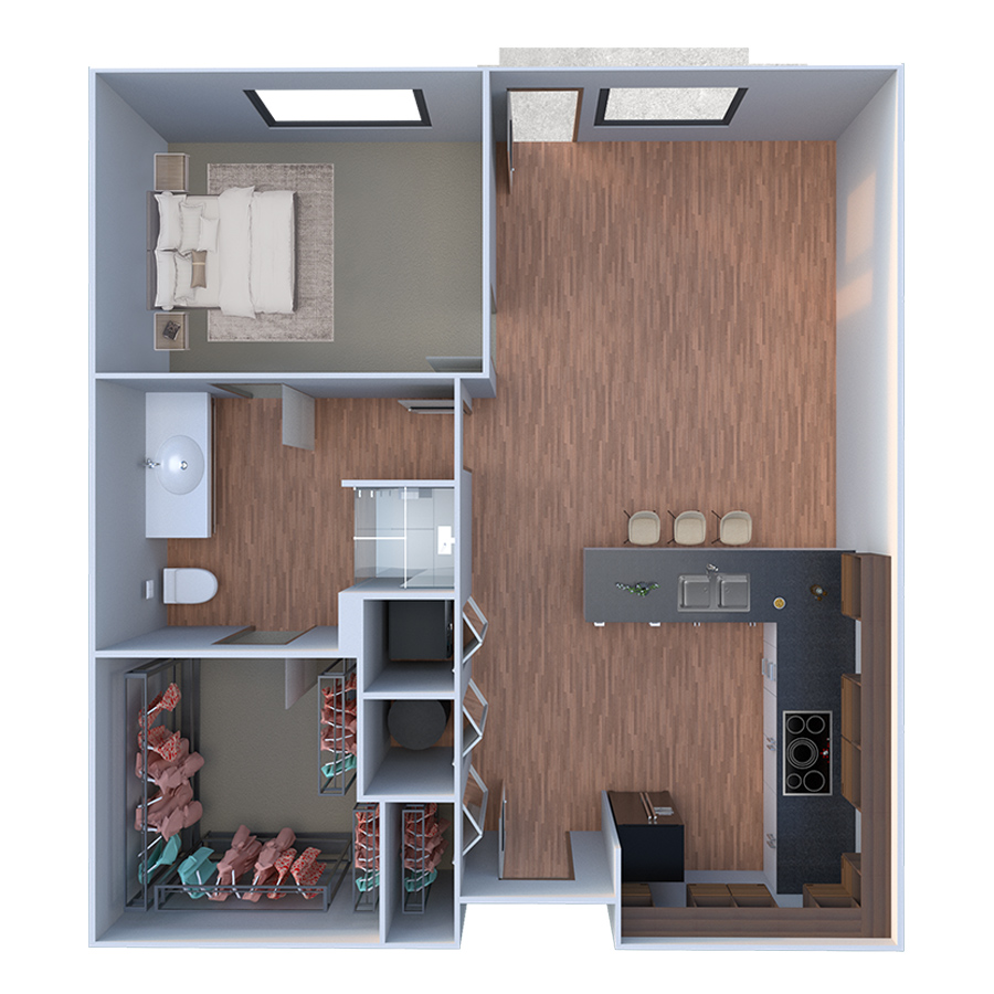 Rendering of the A Cinque floor plan with 1 bedroom[s] and 1 bathroom[s] at Forum Fitzsimons