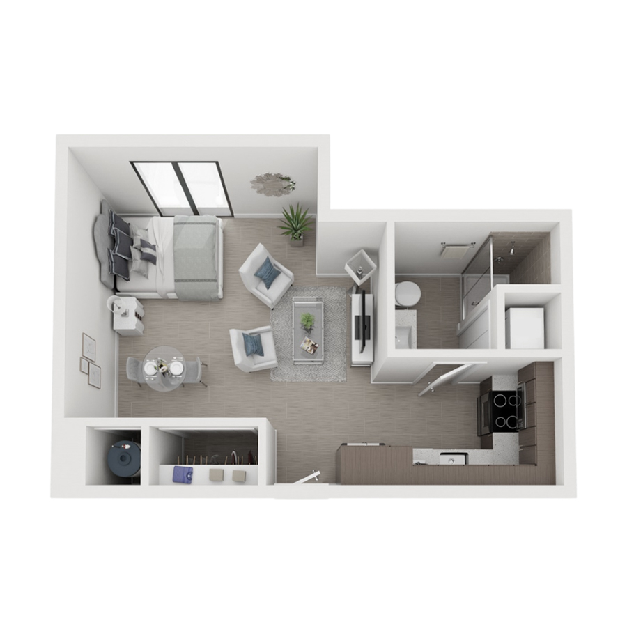 Rendering of the S8 floor plan with a Studio bedroom and 1 bathroom[s] at Arte Grand Central