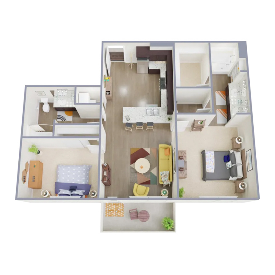 Rendering of the B2 floor plan with 2 bedroom[s] and 2 bathroom[s] at Marq at Monument Ridge