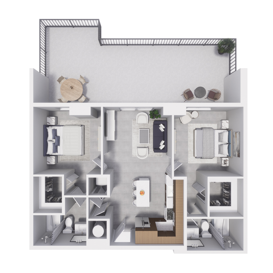 Rendering of the B6 floor plan with 2 bedroom[s] and 2 bathroom[s] at Arte Grand Central