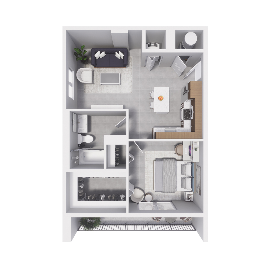 Rendering of the A9 floor plan with 1 bedroom[s] and 1 bathroom[s] at Arte Grand Central