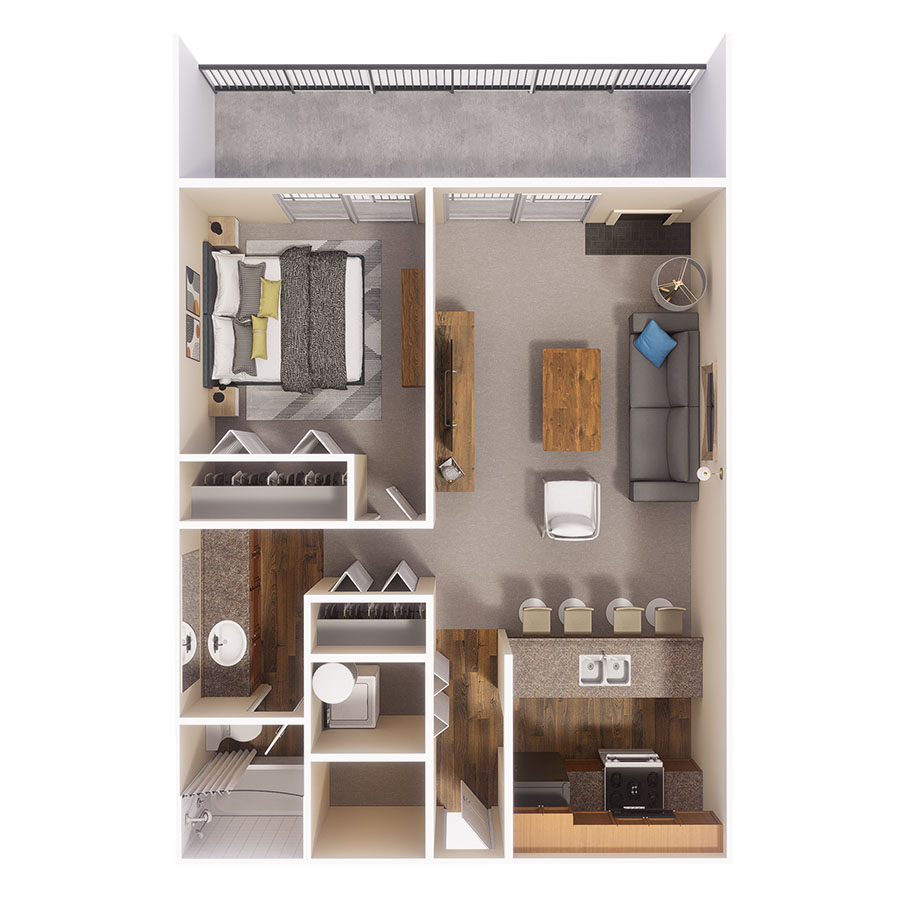 Rendering of the The Inca floor plan with 1 bedroom[s] and 1 bathroom[s] at Beacon House