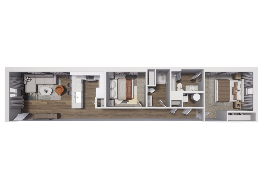 Rendering of the B1 floor plan with 2 bedroom[s] and 1 bathroom[s] at Cottages at Abbott Station