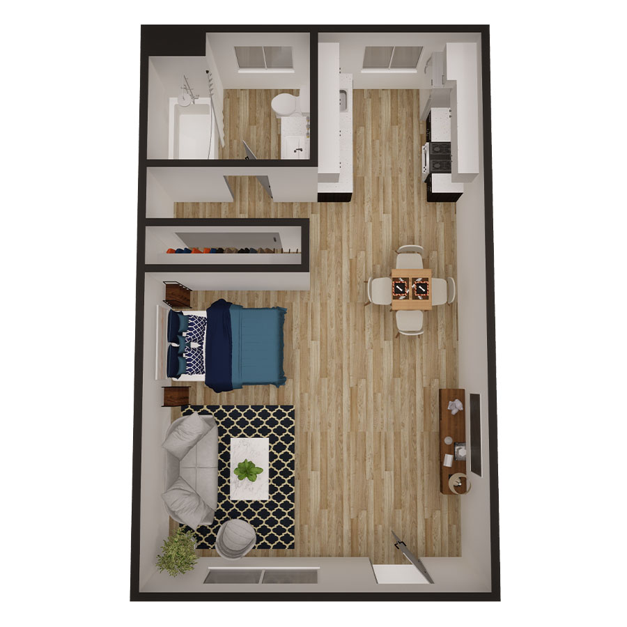 Rendering of the Cambridge floor plan with a Studio bedroom and 1 bathroom[s] at Omnia on Thomas