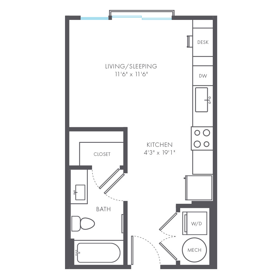 Rendering of the Edie floor plan with a Studio bedroom and 1 bathroom[s] at Arte Kansas City