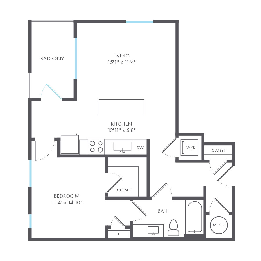Rendering of the Fluxus floor plan with 1 bedroom[s] and 1 bathroom[s] at Arte Kansas City