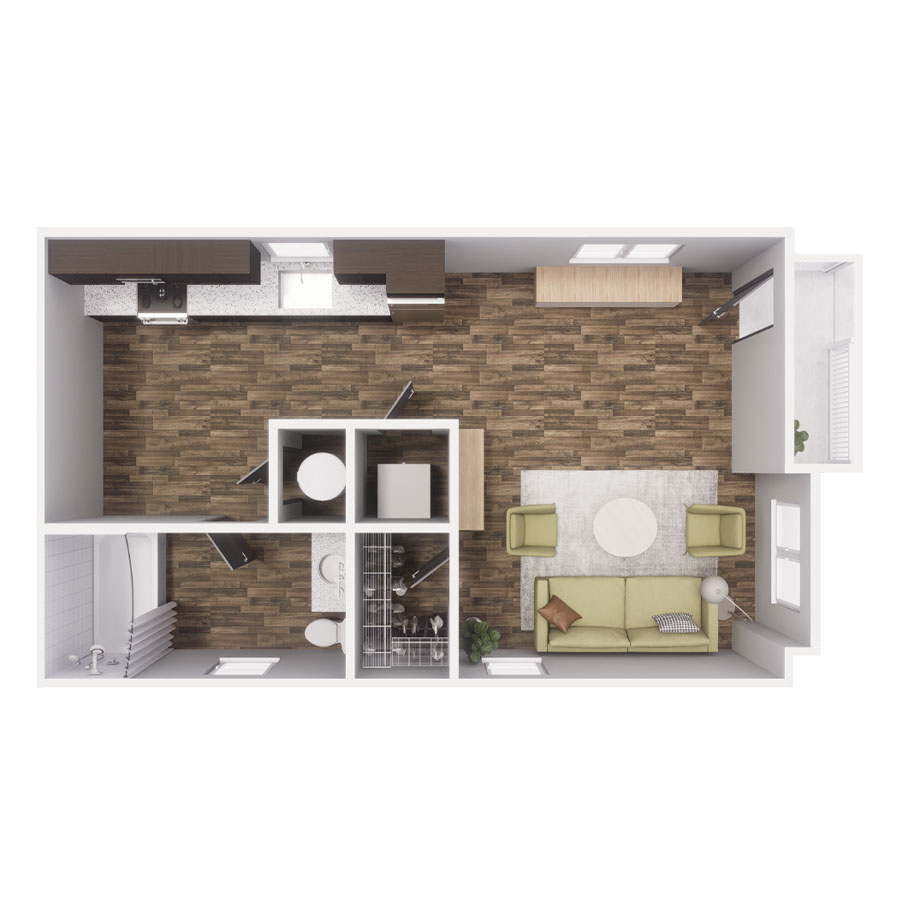 Rendering of the S1 floor plan with a Studio bedroom and 1 bathroom[s] at Cottages at Chapel Heights