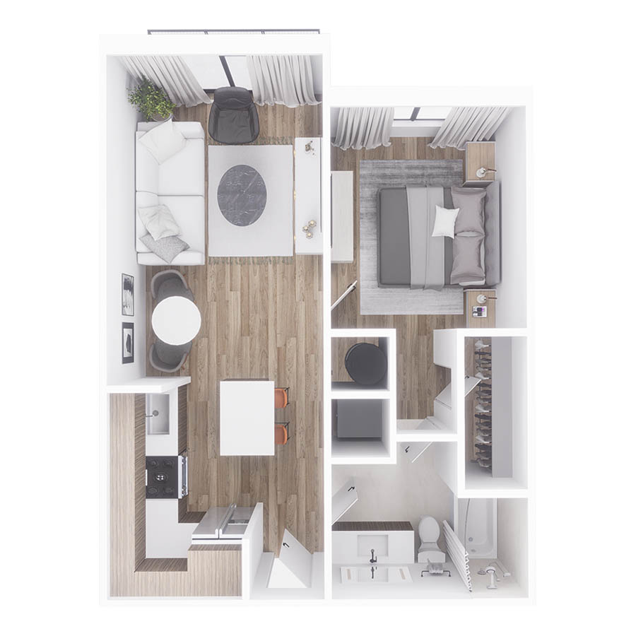 Rendering of the A3W floor plan with 1 bedroom[s] and 1 bathroom[s] at Sanctuary Doral