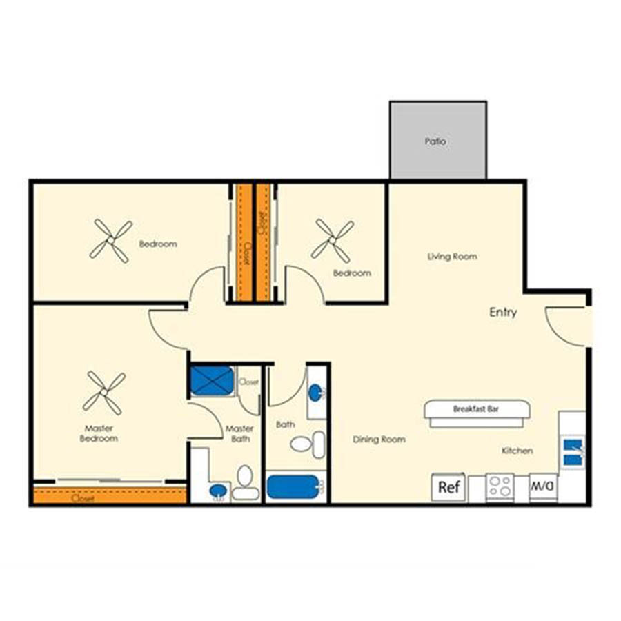 Rendering of the 3x2 1245 SF Classic floor plan with 3 bedroom[s] and 2 bathroom[s] at Aura at Midtown