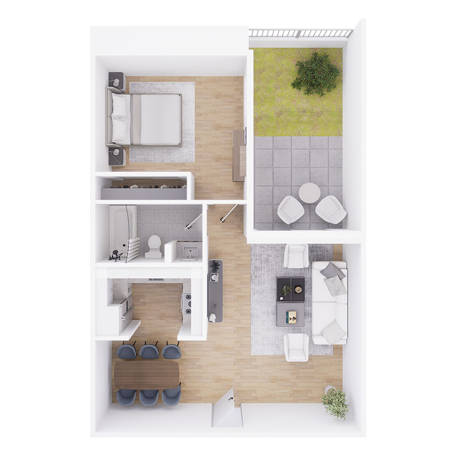 Rendering of the A4 floor plan with 1 bedroom[s] and 1 bathroom[s] at Tempe Vista