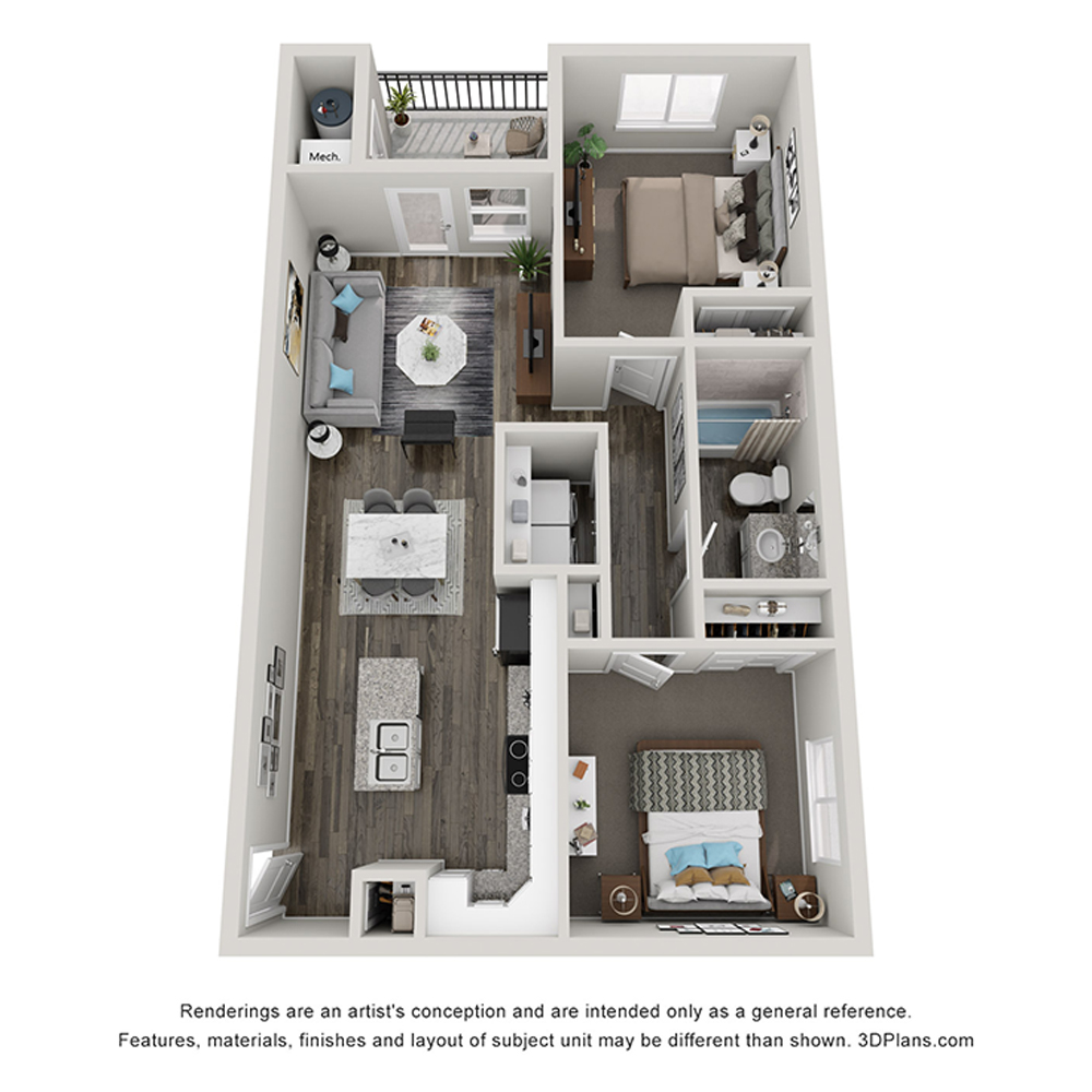Rendering of the B1a floor plan with 2 bedroom[s] and 1 bathroom[s] at The Flats at Aero Park
