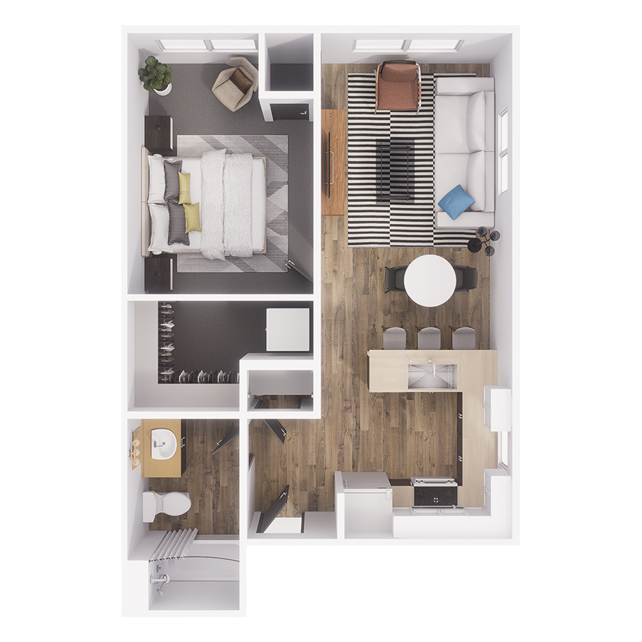 Rendering of the A4 floor plan with 1 bedroom[s] and 1 bathroom[s] at The Overland