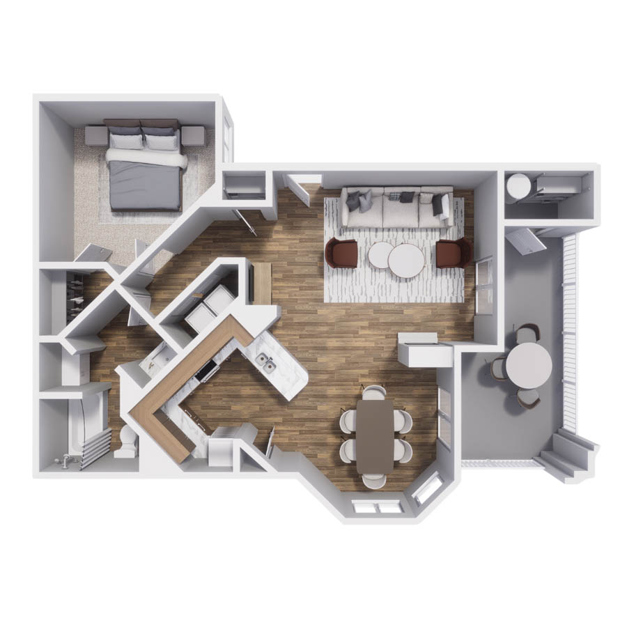 Rendering of the 1A floor plan with 1 bedroom[s] and 1 bathroom[s] at Pavilions at Arrowhead