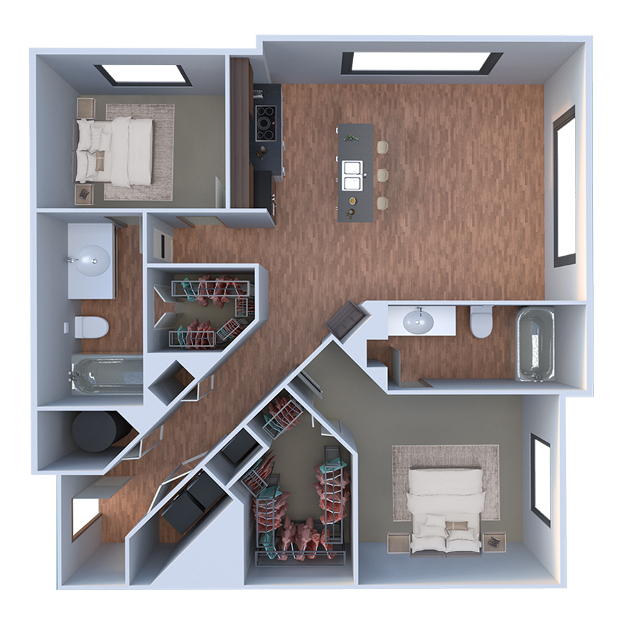 Rendering of the B Sei floor plan with 2 bedroom[s] and 2 bathroom[s] at Forum Fitzsimons