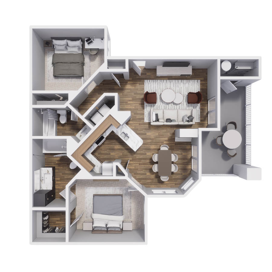 Rendering of the 2A floor plan with 2 bedroom[s] and 2 bathroom[s] at Pavilions at Arrowhead