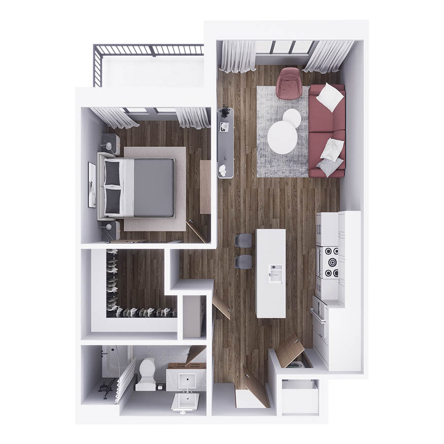 Rendering of the A4 floor plan with 1 bedroom[s] and 1 bathroom[s] at 29x