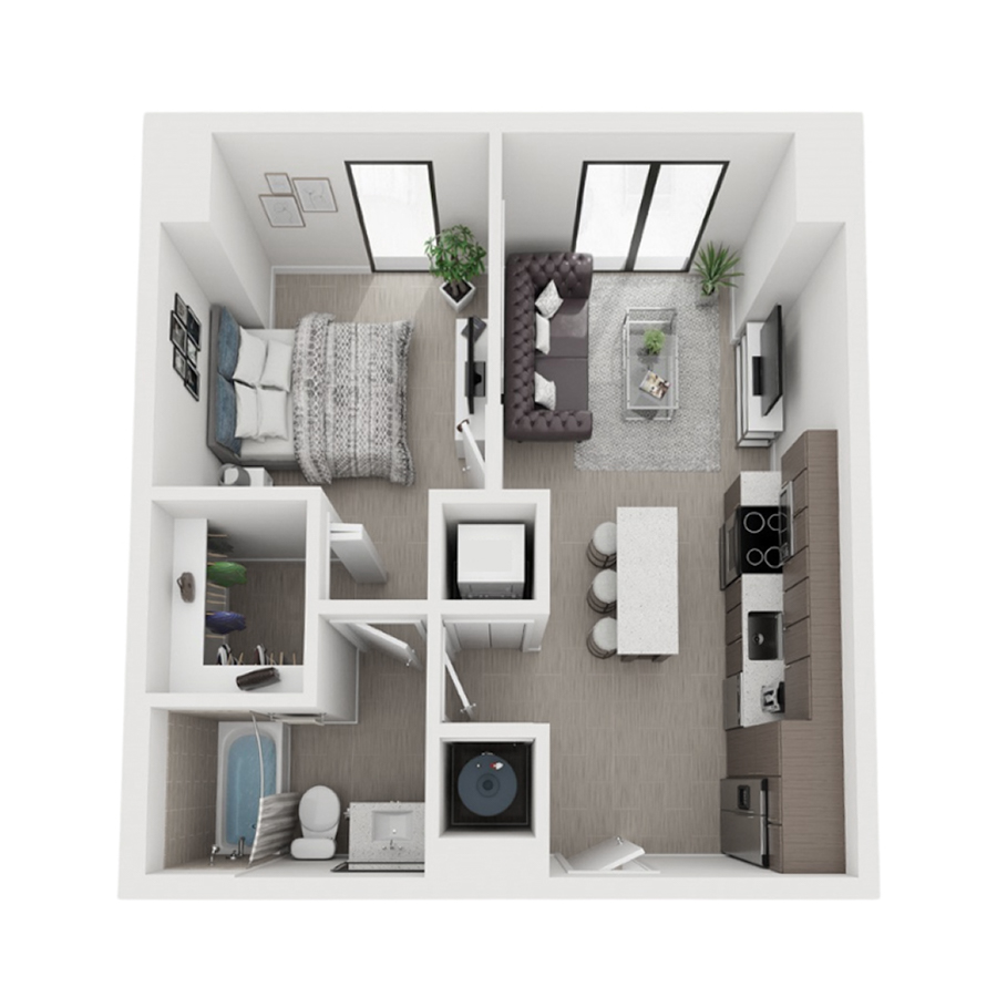 Rendering of the A2 floor plan with 1 bedroom[s] and 1 bathroom[s] at Arte Grand Central