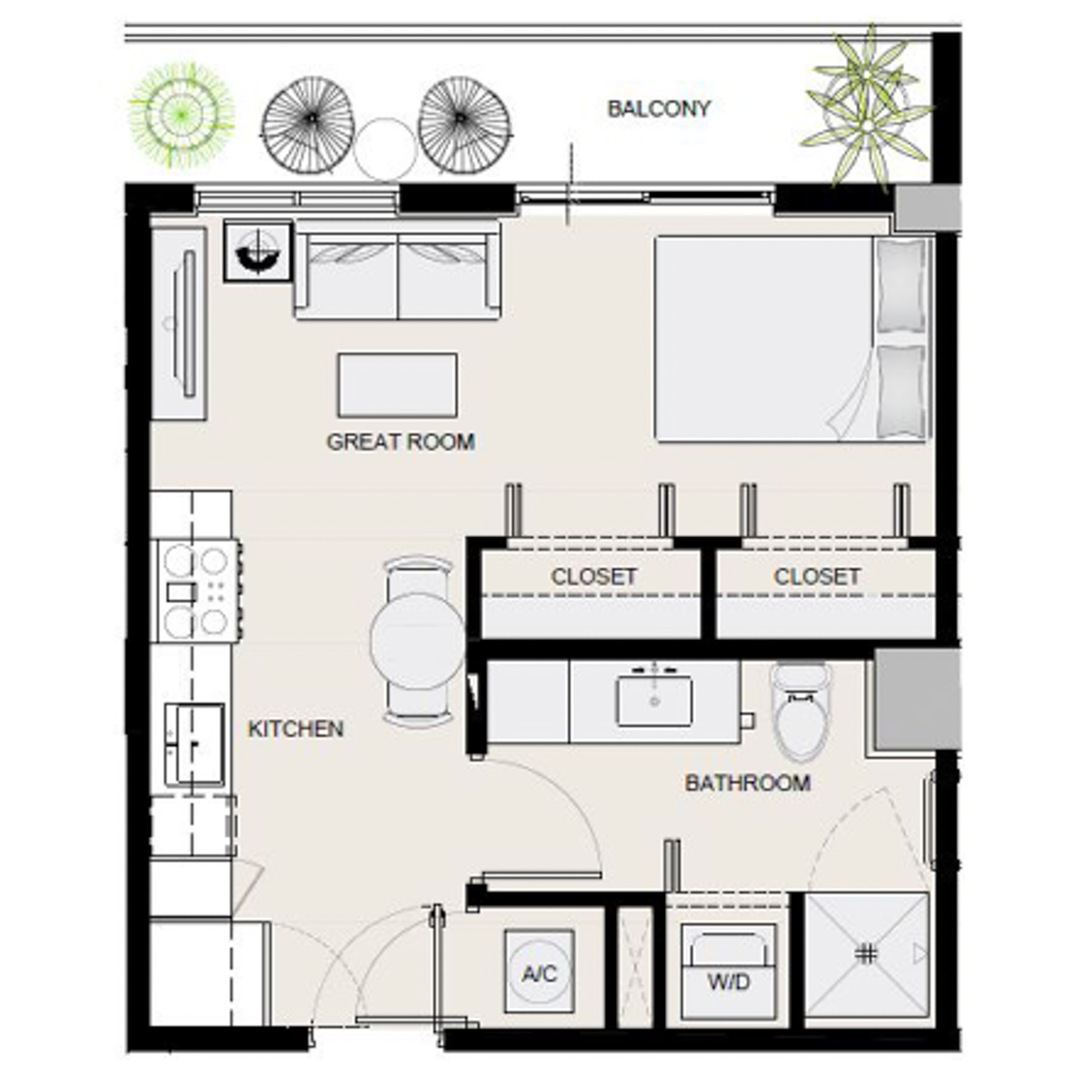 Rendering of the S2 floor plan with a Studio bedroom and 1 bathroom[s] at Arte Grand Central