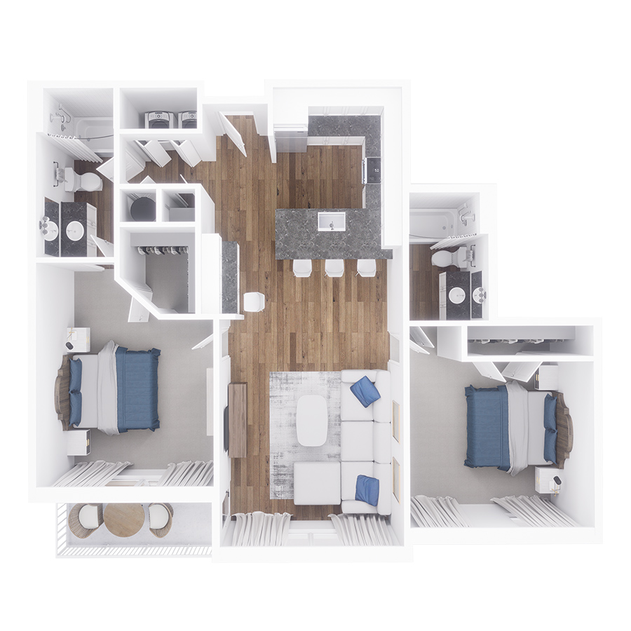 Rendering of the Camden floor plan with 2 bedroom[s] and 2 bathroom[s] at Village West