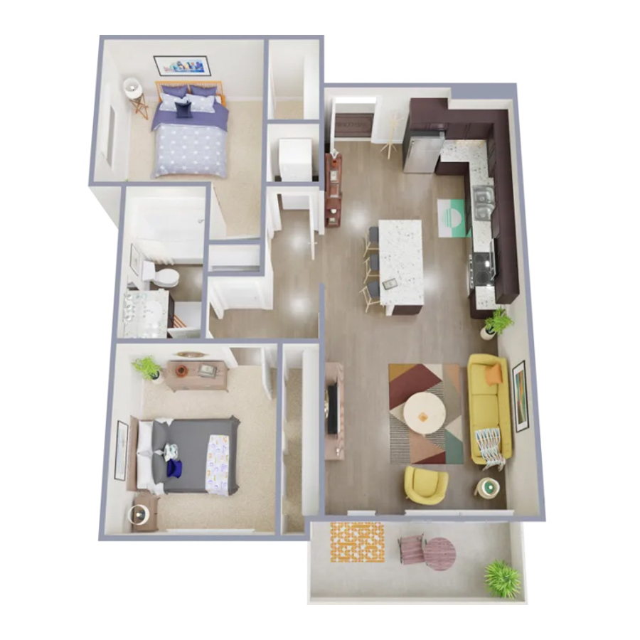 Rendering of the B1 floor plan with 2 bedroom[s] and 1 bathroom[s] at Marq at Monument Ridge