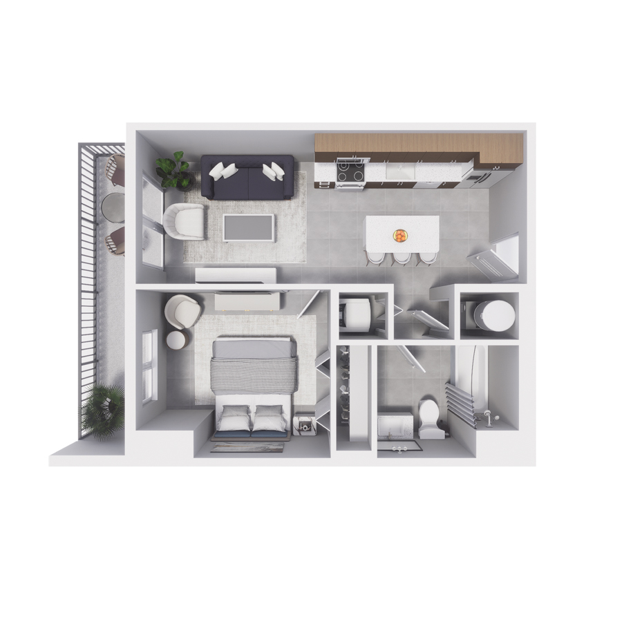 Rendering of the A1 floor plan with 1 bedroom[s] and 1 bathroom[s] at Arte Grand Central