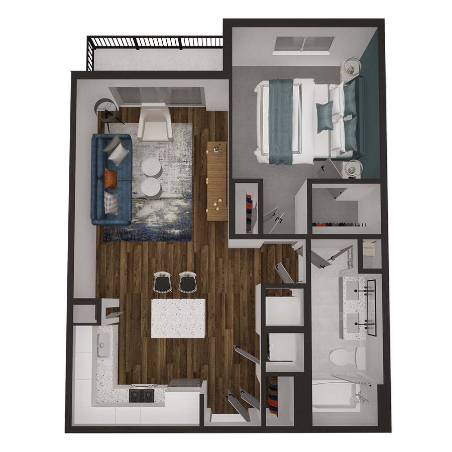 Rendering of the 1A floor plan with 1 bedroom[s] and 1 bathroom[s] at 500 Ocean
