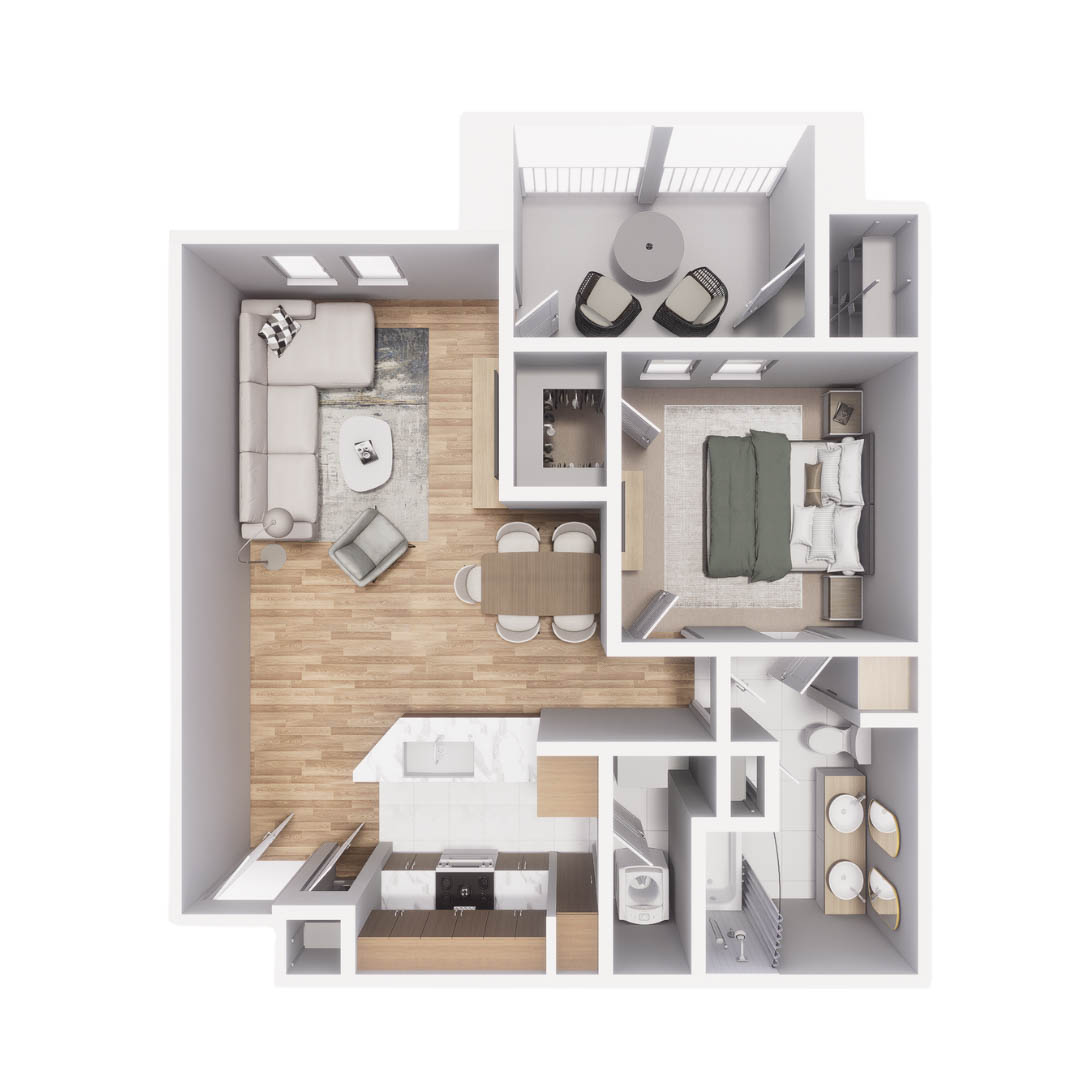 Rendering of the A3 floor plan with 1 bedroom[s] and 1 bathroom[s] at Mandarina