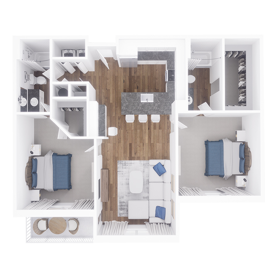 Rendering of the Charleston floor plan with 2 bedroom[s] and 2 bathroom[s] at Village West