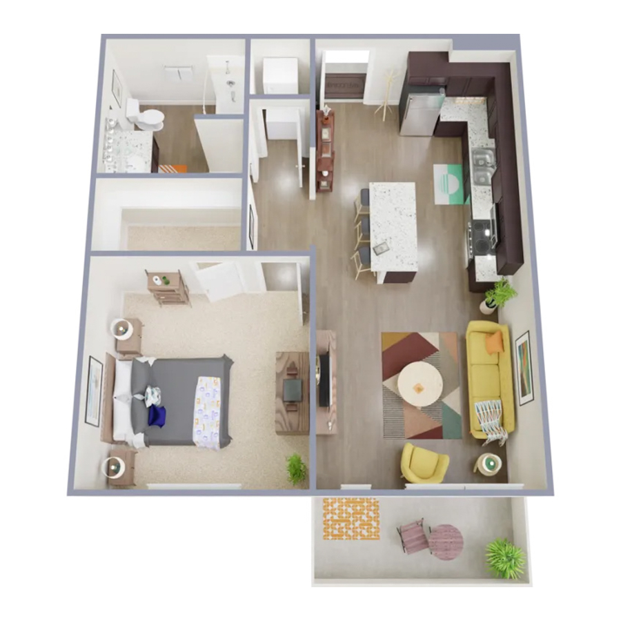 Rendering of the A3 floor plan with 1 bedroom[s] and 1 bathroom[s] at Marq at Monument Ridge