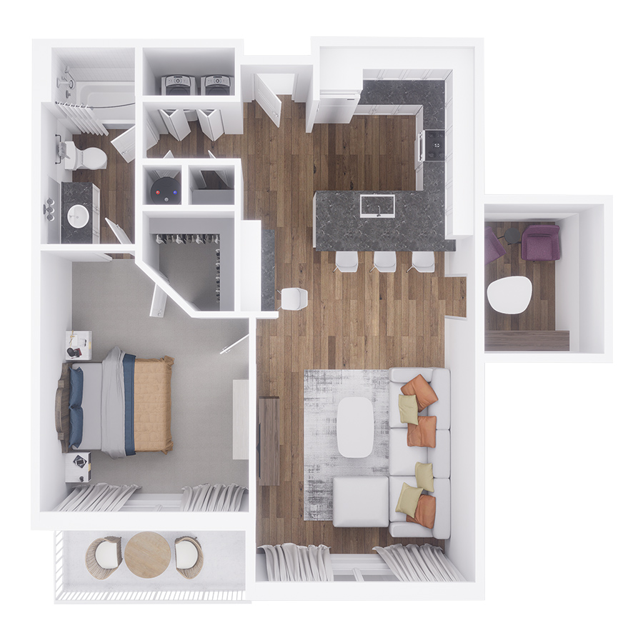 Rendering of the Boulevard with Den floor plan with 1 bedroom[s] and 1 bathroom[s] at Village West