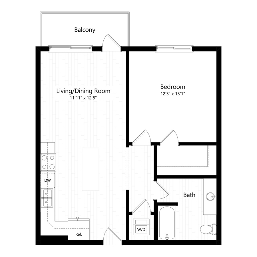 Rendering of the A3 floor plan with 1 bedroom[s] and 1 bathroom[s] at The Preserve at Mesa Creek