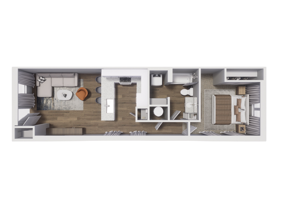 Rendering of the A1 floor plan with 1 bedroom[s] and 1 bathroom[s] at Cottages at Abbott Station