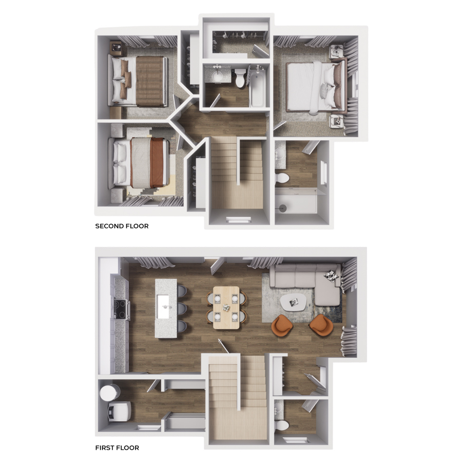 Rendering of the C1 floor plan with 3 bedroom[s] and 2.5 bathroom[s] at Cottages at Abbott Station