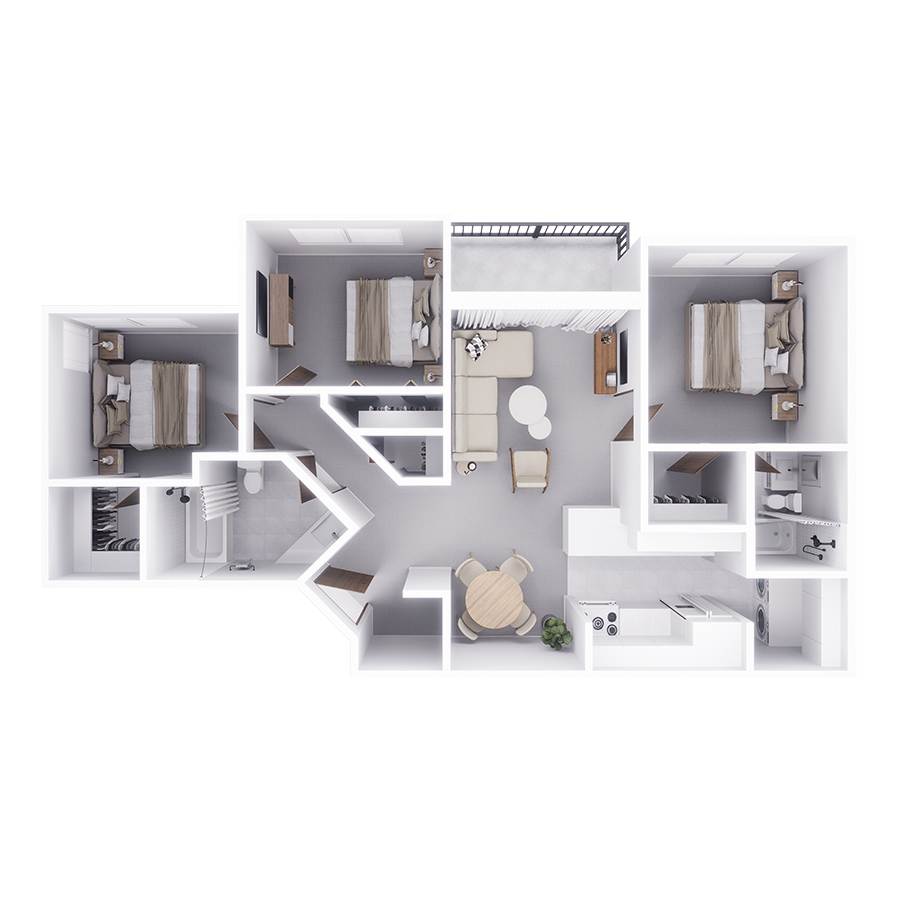 Rendering of the 3 floor plan with 3 bedroom[s] and 2 bathroom[s] at Mountain Village