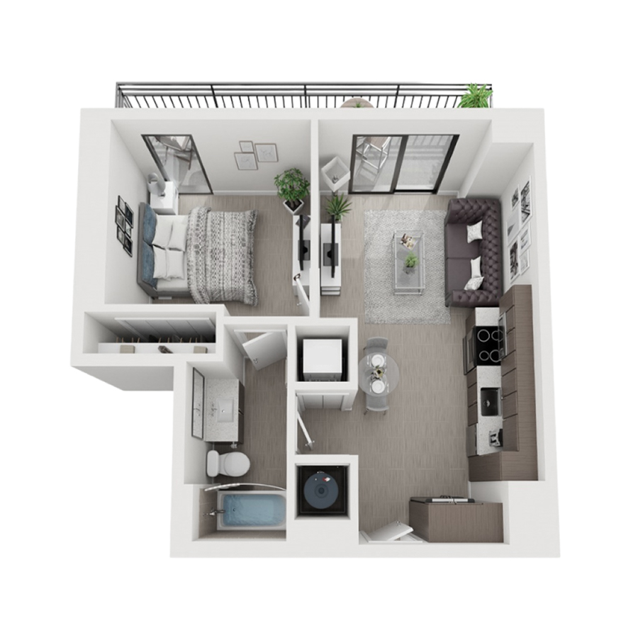 Rendering of the A4 floor plan with 1 bedroom[s] and 1 bathroom[s] at Arte Grand Central