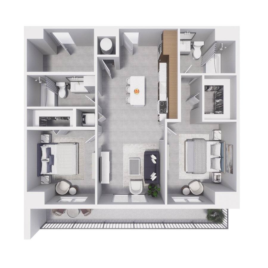 Rendering of the B8 floor plan with 2 bedroom[s] and 2 bathroom[s] at Arte Grand Central