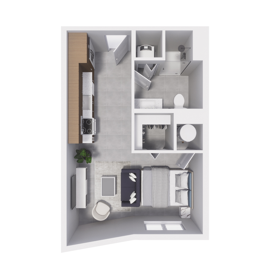 Rendering of the S4 floor plan with a Studio bedroom and 1 bathroom[s] at Arte Grand Central