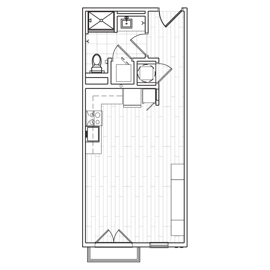 Rendering of the S1 floor plan with a Studio bedroom and 1 bathroom[s] at The Locale