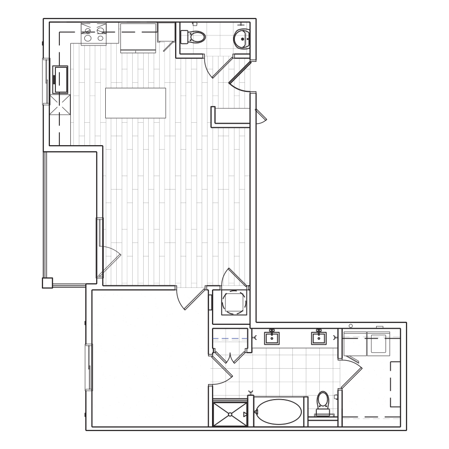 Rendering of the A8 floor plan with 1 bedroom[s] and 1.5 bathroom[s] at The Locale