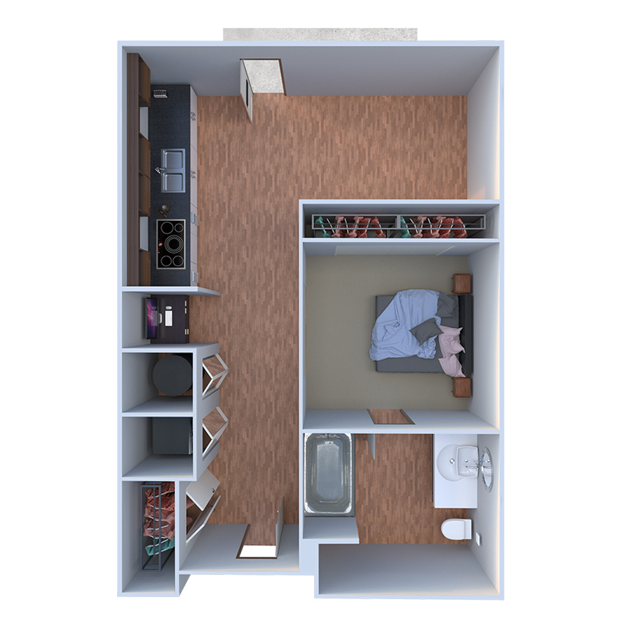 Rendering of the S Uno floor plan with a Studio bedroom and 1 bathroom[s] at Forum Fitzsimons