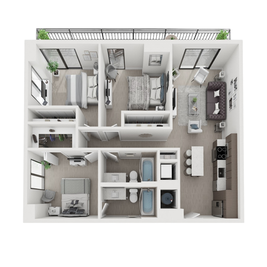 Rendering of the C2 floor plan with 3 bedroom[s] and 2 bathroom[s] at Arte Grand Central