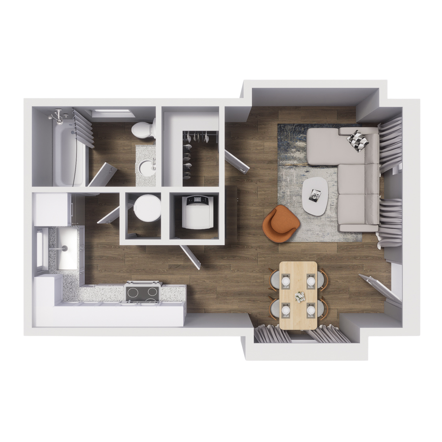 Rendering of the S4 floor plan with a Studio bedroom and 1 bathroom[s] at Cottages at Abbott Station