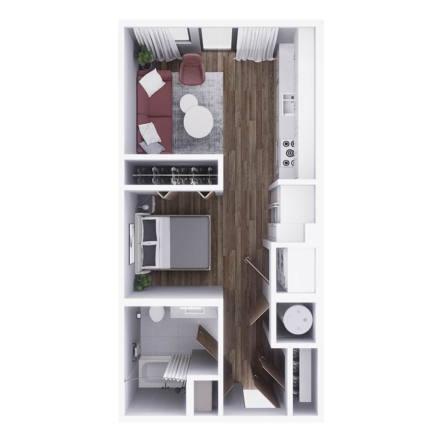 Rendering of the S1 floor plan with a Studio bedroom and 1 bathroom[s] at 29x