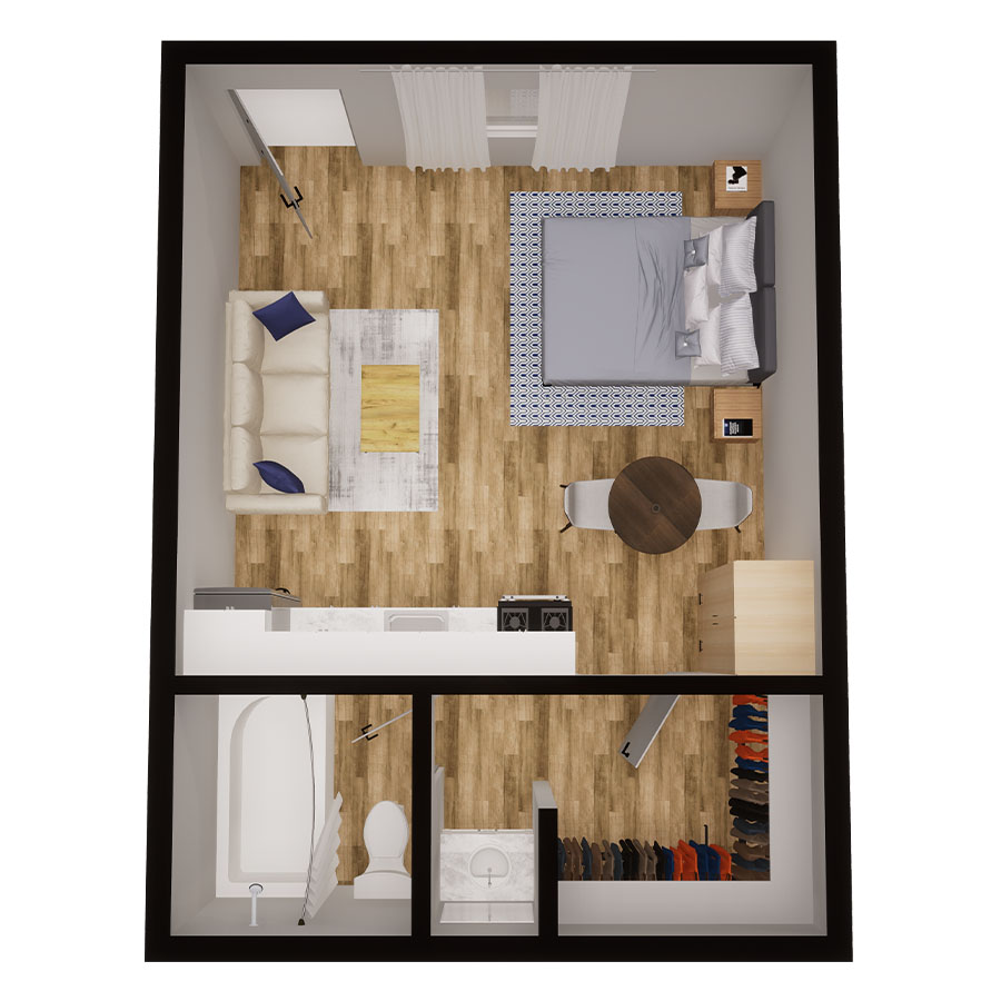 Rendering of the Studio floor plan with a Studio bedroom and 1 bathroom[s] at Overlook at Sunset Point